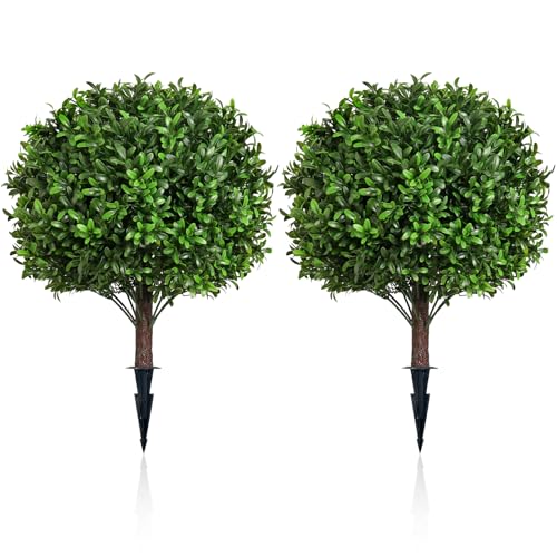 2-Pack Olive-Enhanced Boxwood Topiary Trees with Ground Spikes - UV-Resistant Faux Evergreens for Porch & All-Weather Decor