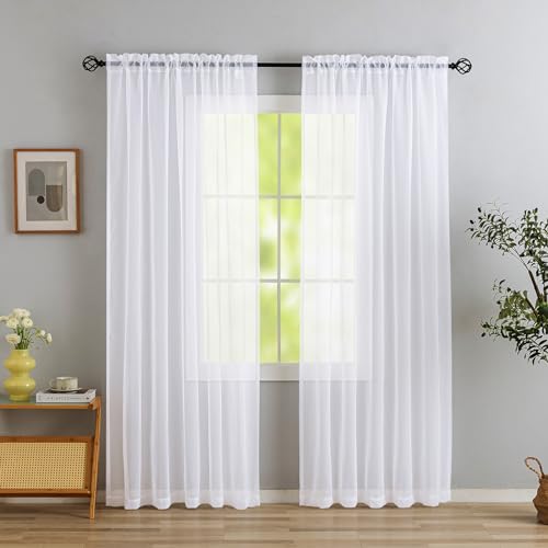 "MYSTIC-HOME White Sheer Curtains 95 Inch Length, Elegant Sheer Curtains for Bedroom, Rod Pocket Window Voile Sheer Curtain Panels/Drapes/Treatment for Living Room/Bedroom, 2Pcs, Each 52"" W x 95"" L"