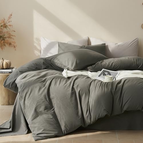 JELLYMONI 100% Cotton Queen Duvet Cover Set, Washed Linen-Like Texture - Pre-Shrunk, with Natural Wrinkles, Wide Zipper Opening, Colorfast,8 Reinforced Ties,1 Duvet Cover&2 Pillowcases