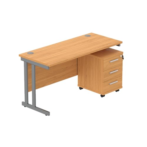 Office Hippo Heavy Duty Contract Grade Office Desk Workstation and Lockable 3-Drawer Pedestal Set, 120kg Weight Tolerance, 5-Year Warranty, FSC Certified, Norwegian Beech, Graphite Legs, 1400 x 600mm