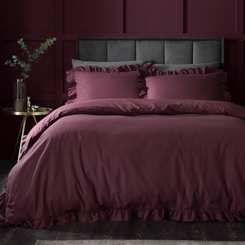 Appletree Hygge Cotton Duvet Cover Set, Double Size 200x200cm, Berry, 100% Cotton, 144 Thread Count, Plain with Frilled Border, Orange