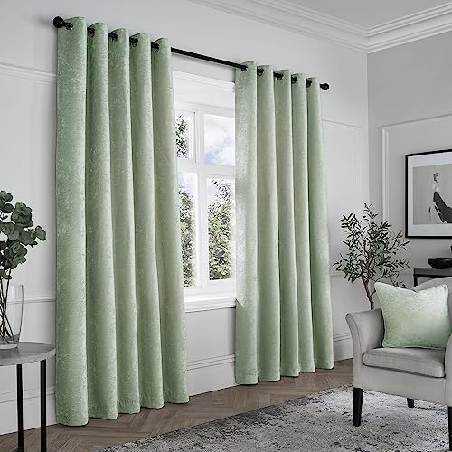 "Curtina - Sage Green Woven Curtains W90 x L72"" (229 x 183cm) - Light Green Eyelet Curtains - Textured Chenille Curtains in Green - Luxury Curtains & Drapes for Bedroom/Living Room - Weave Drapes"