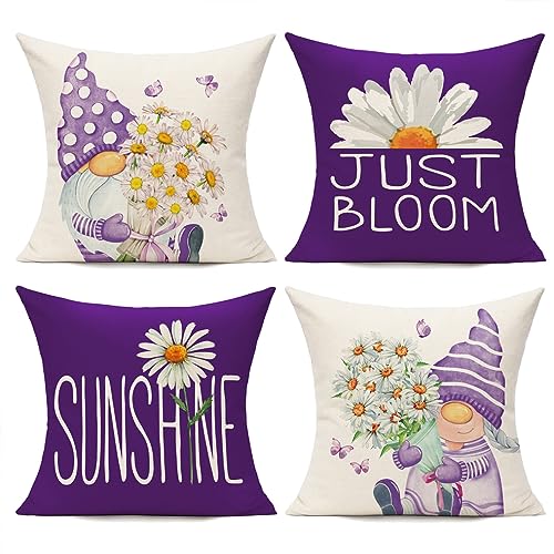 All Smiles Purple Throw Pillow Covers 16x16 Set of 4 Outdoor Spring Summer Decorative Cushion Cases Home D??cor Decorations for Patio Couch Chair Sofa,Daisy Floral Gnomes