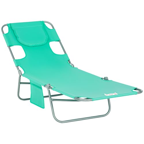 Outsunny Foldable Sun Lounger, Beach Chaise Lounge with Reading Hole, Arm Slots, 5-Position Adjustable Backrest, Side Pocket, Pillow for Garden, Beach, Camping, Green