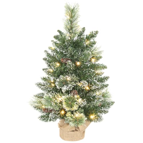 HOMCOM 60 cm Prelit Small Christmas Tree, Snow Flocked Tabletop Mini Xmas Tree with 35 LED Lights, Pine Cones and Linen Cover Base, Battery Operated, Green