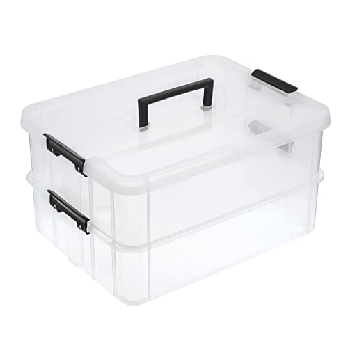 BTSKY 2 Layer Stack & Carry Box, Plastic Multipurpose Portable Storage Container Box Handled Organizer Storage Box (Black)