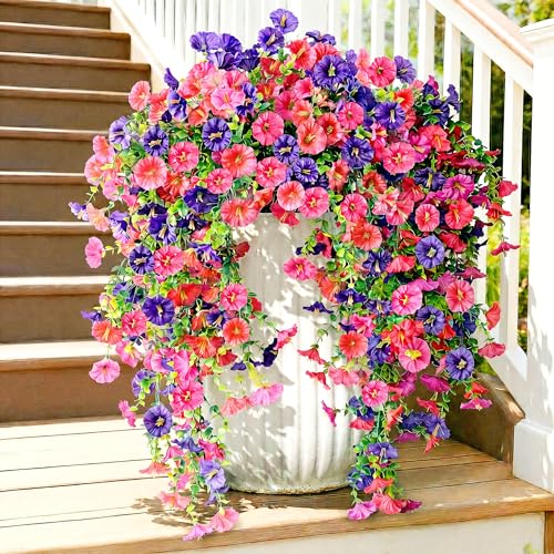 Artificial Hanging Flowers for Outdoors, 5Pcs Faux Silk Fake Morning Glory for Spring Summer, UV Resistant Realistic Plants for Home Garden Porch Patio Balcony Planter Yard (5pcs purple fuchsia)