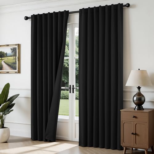 Joydeco Black Blackout Curtains 96 Inches Long, Black Out Curtains 96 Inch Length 2 Panels Set for Bedroom, Room Darkening Curtains & Drapes for Living Room Window (W52 x L96 Inch, Black)