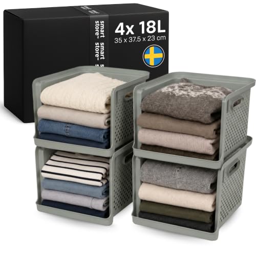 SmartStore 4x Wardrobe Storage Organiser 18L Vinter Sage with Handles - 35x37.5x23cm - Open Front Vertical Storage Tower - Space-Saving Stackable Storage Basket - Made in Sweden - 10 Year Guarantee