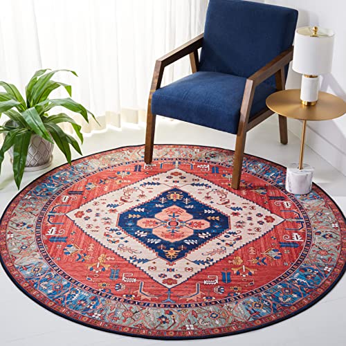 Safavieh Traditional Rug Ideal for High Traffic Areas - Machine Washable and Non Slip - Tucson Collection, Short Pile, in Rust and Blue, 183 X 183 cm
