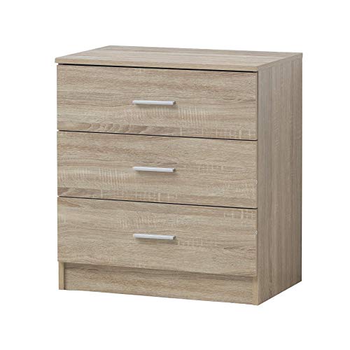 Timber Art Design 3 Drawer Bedroom Chest of Drawers with Metal Handles & Runners Matte Finish Storage Organiser Unit for Bedroom Hallway Living Room Bedside Cabinet Sonoma Oak Finish, 69 x 60 x 40 cm