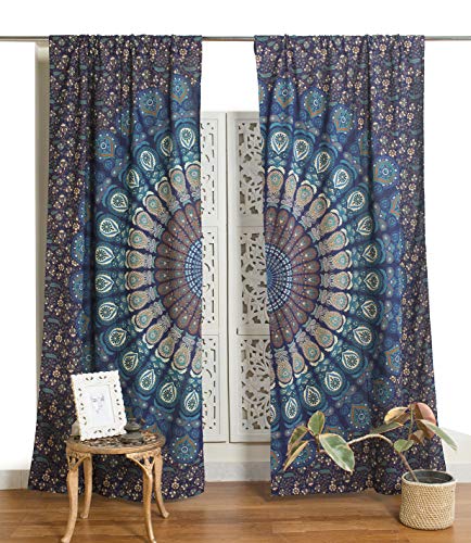 Popular Handicrafts Printed Panels Curtains Indian Hippie Bohemian Beautiful Peacock Mandala Curtain Panels Blue Tarquoise