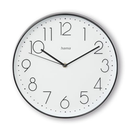 Hama Silent Wall Clock Korsika (30 cm, Quiet Quartz Analog Clock, Large Numbers, Non-Ticking Design, Hour Minute Second Hands, Glass Cover, Battery Included) Black