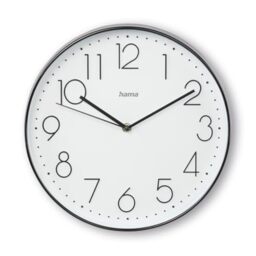 Hama Silent Wall Clock Korsika (30 cm, Quiet Quartz Analog Clock, Large Numbers, Non-Ticking Design, Hour Minute Second Hands, Glass Cover, Battery Included) Black