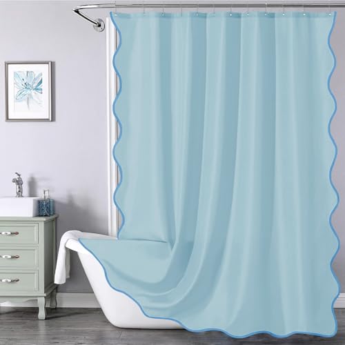 ORTIGIA Blue Scalloped Shower Curtain 72 W x 84 H Inch, Cute Boho Preppy Light Blue Coastal Shower Curtains Modern Aesthetic Waterproof Fabric Shabby Chic Bath Bathroom Decor with Metal Hook