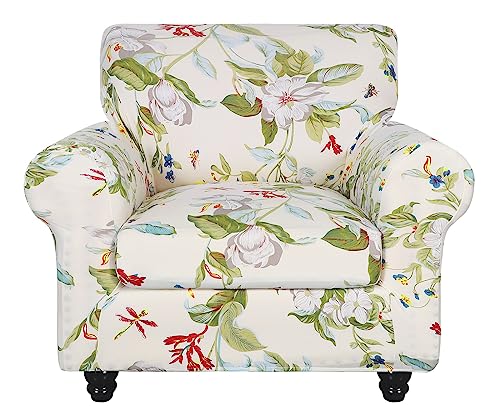 SearchI Stretch Sofa Cover Printed Couch Covers, Floral Pattern 2 Piece Armchair Slipcover with Separate Chair Cushion Cover, Washable Furniture Protector for Living Room(Chair, Spring Pattern)