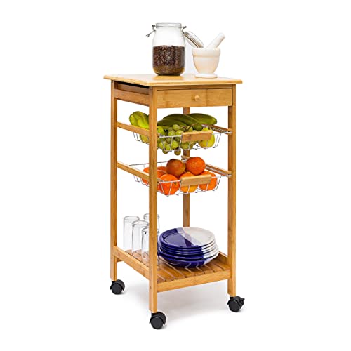 Relaxdays JAMES Bamboo Kitchen Island Size: Small: 80.5 x 37 x 37 cm Serving Cart With Drawer And 2 Metal Baskets Rolling Kitchen Trolley Wooden With 2 Trays, Natural