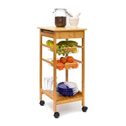 Relaxdays JAMES Bamboo Kitchen Island Size: Small: 80.5 x 37 x 37 cm Serving Cart With Drawer And 2 Metal Baskets Rolling Kitchen Trolley Wooden With 2 Trays, Natural