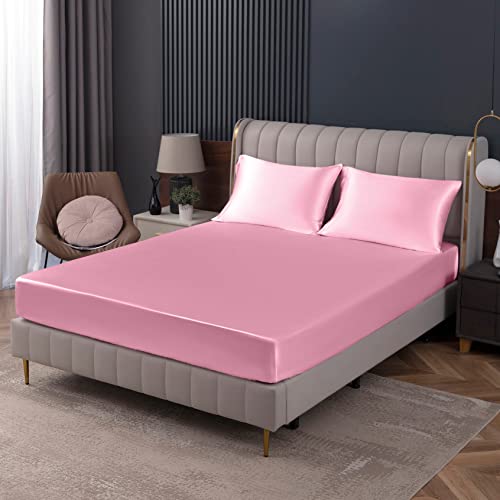 Homiest Pink Satin Fitted Sheet King Size, Deep Pocket, Luxury & Ultra Soft Bedding