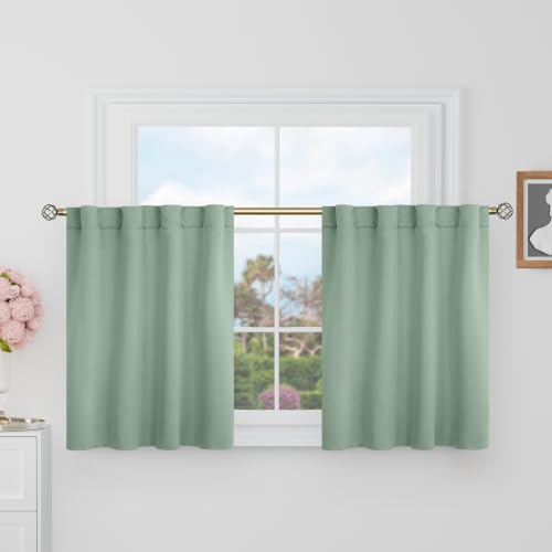 BGment Short Blackout Curtains 30 Inch Length for Small Windows - 34 x 30 inch Curtains Rod Pocket and Back Tab Thermal Insulated Room Darkening Curtains for Kitchen/Cafe Room, 2 Panels, Frosty Green