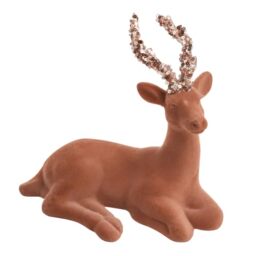 Christmas Velvet Sitting Deer Figurine 19cm - Dusky Brown Flocking Reindeer Ornament with Sequin Glitter Antlers - Festive Table Decoration for Mantel, Shelf, Centerpiece and Home Décor