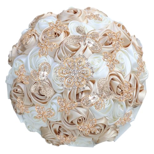 "Mhojpik Handmade Wedding Flowers Bouquet Round Holding Bridal Bouquet Toss Artificial Rose Bunch for Bride Bridesmaid Wedding Quinceanera (Camel Brown & Ivory, 9.8"")"