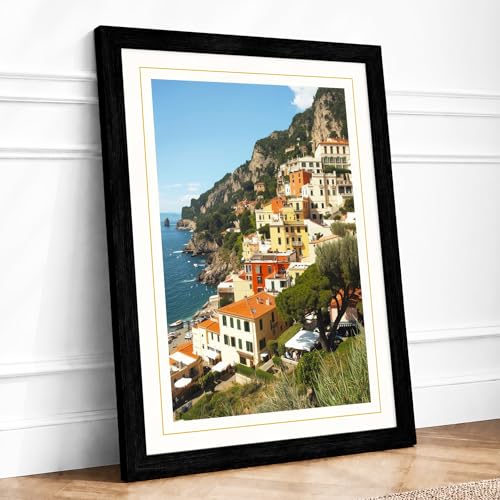 Clifftop Village on the Mediterranean Coastal Framed Print A3 Black - Ready to Hang, Premium Gicl??e Paper, Fade-Resistant Inks, Securely Packaged, UK Made