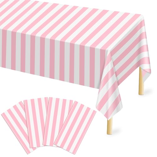 Mulbozy Plastic Table Cloth Disposable 4 Pack, 54 ?? 108 Inch Pink and White Stripe Tablecloths, Pink Plastic Table Cover for Carnival, Movie Night, Birthday, Halloween, Christmas Party