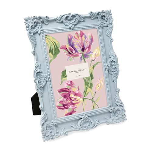 Laura Ashley 5x7 Powder Blue Ornate Textured Hand-Crafted Resin Picture Frame w/Easel & Hook for Tabletop & Wall Display, Decorative Floral Design Home Décor, Photo Gallery, Art (5x7, Powder Blue)