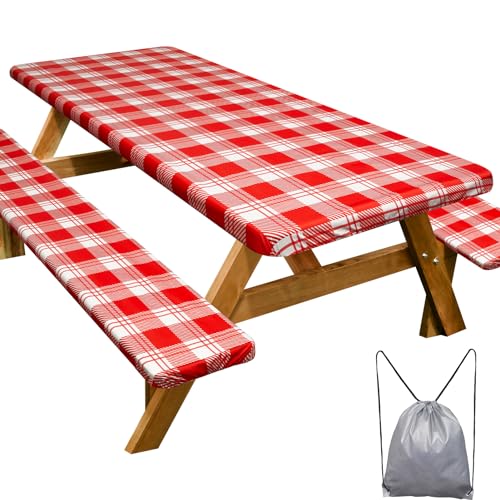 Play Tailor Picnic Table Cover Bench Covers Camping Essentials Tablecloth - Waterproof Vinyl for Outdoor, Windproof Elastic Fitted Edges, RV BBQ Accessories Must Haves, Storage Bag Included