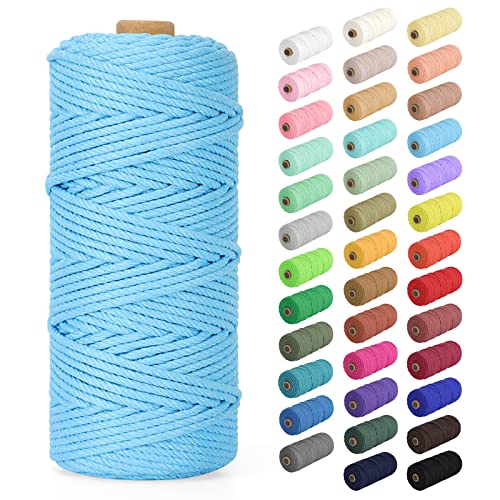 Macrame Cord 3mm x 109Yards (328Feet), Natural Cotton Macrame Rope - 4 Strands Twisted Macrame Cotton Cord for Wall Hanging, Plant Hangers, Crafts, Gift Wrapping and Wedding Decorations, Sky Blue