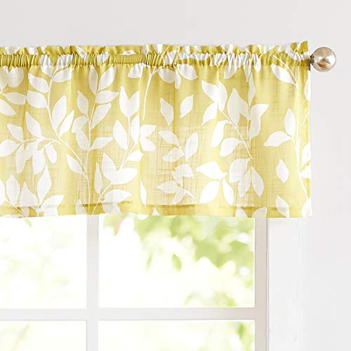 "Treatmentex Valance Curtain for Window 15"" Leaf Print Kitchen Valances, Mustard Yellow and White, 52"" w 1 Panel"