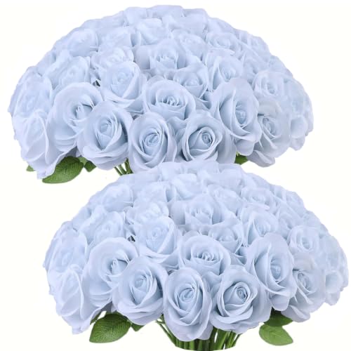 JUSMAI 30pcs Light Blue Roses Artificial Flowers Real Touch Fake Flowers with Long Stems Silk Flowers for Wedding Bouquet Centerpices Decorations Party Bridal Baby Shower Home Decor