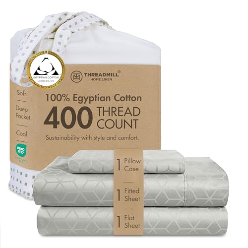 "Threadmill 400 Thread Count Egyptian Cotton Twin XL Sheet Set, Light Grey - 100% Egyptian Cotton, Jacquard Damask Pattern, 3-Piece Set, 15"" Deep Pocket, Cooling, OEKO-TEX Certified, Machine Washable"