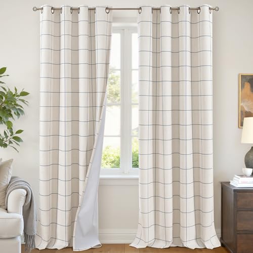 Lajode Plaid Curtains 63 Inch Long - Insulated Linen Blackout Curtains for Living Room, Boho Gingham Patterned Farmhouse Window Treatments for Bedroom Striped Drapes 52x63 Inch 2 Panels, Navy