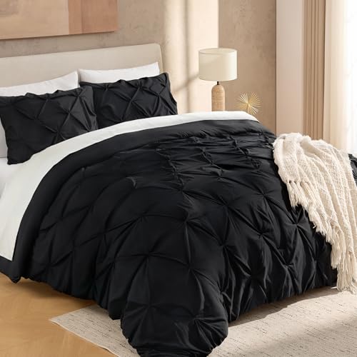 Andency Black Pinch Pleat Comforter Queen(90x90Inch), 3 Pieces(1 Pintuck Comforter and 2 Pillowcases) Pintuck Comforter Set, Microfiber All Season Down Alternative Bedding Set