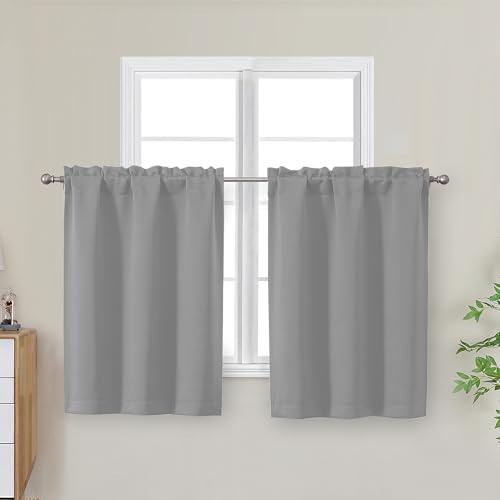 "OWENIE Silver Grey Kitchen Curtains 30 Inch Length, Short Blackout Small Thermal Insulated Curtains Tier Over Sink Rod Pocket Half Window for Bathroom Bedroom Camper RV Bunk, 2 Panels Each 30"" Wx30 L"