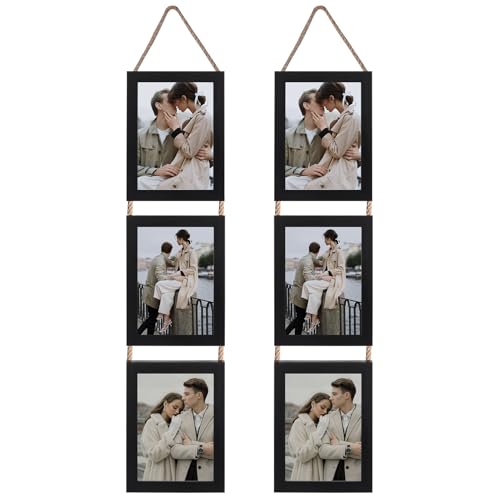 Lavezee 5x7 Collage Triple Picture Frames Set, Black 6 Opening Hanging Vertical Frame Made to Display 5 by 7 Inch Photo Print for Wall Decor