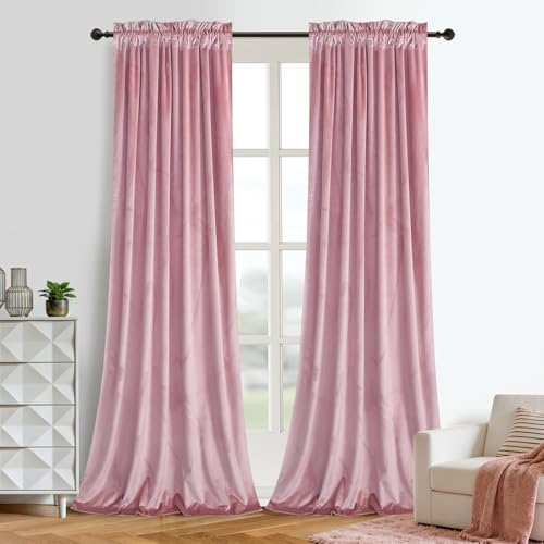 Roslynwood Velvet Curtain Panels Blush Pink Room Darkening Window Super Soft Luxury Drapes for Bedroom Thermal Insulated Rod Pocket Curtain for Living Room (2 Panels, 52 by 63 Inch)