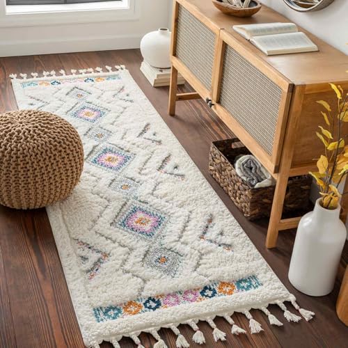 Livabliss Kampala Geometric Rug - Scandi Runner Rugs Living Room 80x220 cm, Hallway, Kitchen - Neutral, Patterned Carpet Runners, Boho Style, Easy Care - Large Rug, Cream, Purple, Orange, Aqua, Grey