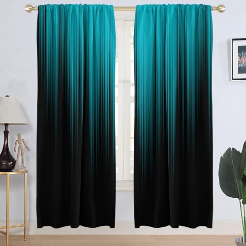 "AAtter Teal Turquoise Window Curtain Aqua Black Dark Abstract Modern Ombre Blue Gray Grey Simple Modern Art Two Tone Living Room Bedroom Window Drapes Treatment Fabric 1 Pair, 42"" W x 84"" L, Gradient"