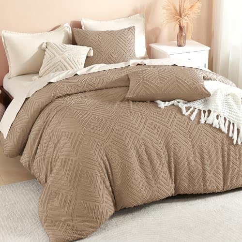 Litanika Super King Plus Comforter Taupe, 3 Pieces Tufted Boho Farmhouse Bedding Comforter Set, Lightweight Fluffy All Season Comforter Set (120x128In Comforter & 2 Pillowcases)