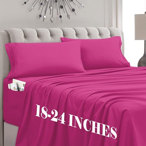 Mocassi Twin XL Size 4-Piece Bed Sheet Set - 1800 Premium Hotel Quality Microfiber 18-24 Inches Extra Deep Pocket Fitted Sheet- Luxury Soft, Breathable, Wrinkle, and Fade Resistant, Hot Pink