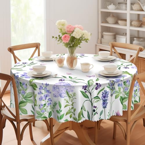 60In Round Tablecloth, Floral Tablecloths Waterproof Stain Wrinkle Free - Lavender Stain Wrinkle Free, Stretch Washable Table Cloth Circle Table Cover for Home Kitchen Dining Party Patio Decor