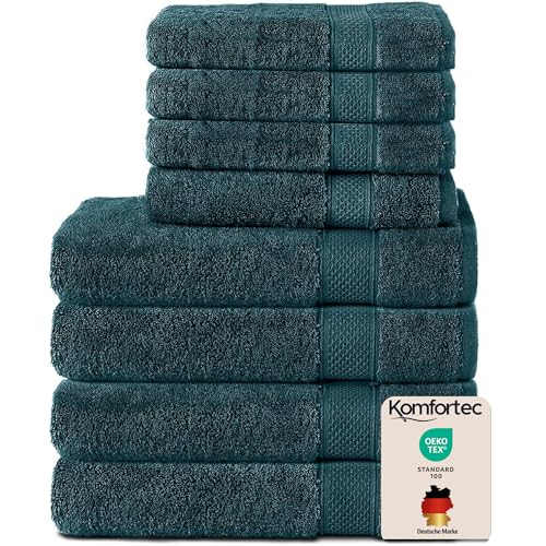 Komfortec Set of 8 Hand Towels 100% Cotton, 4 Bath Towels 70 x 140 cm and 4 Hand Towels 50 x 100 cm, Terry Towelling, Soft, Towel, Large, Petrol Blue