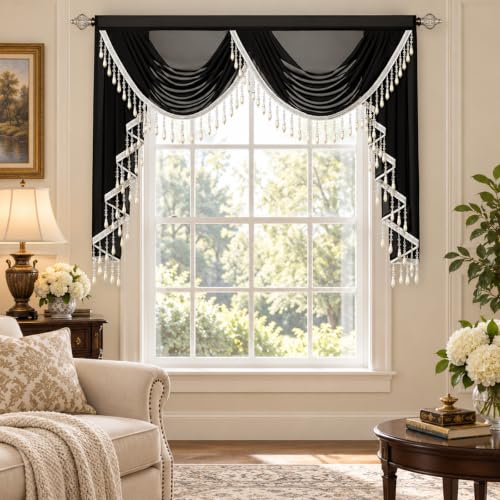 VOGOL Black Sheer Waterfall Valance, 59 Inches Wide Silky Voile Curtain with 2 Elegant Swags, Decorative Window Topper for Living Room, Kitchen, Bay Windows, 1 Panel