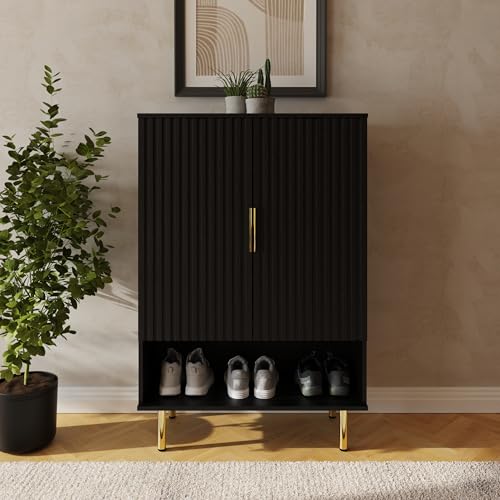 GFW Nervata Black Multi Storage Cabinet with Ribbed Detailing, Shoe Storage & Open Shelving for Hallway or Living Room