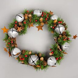 25cm Natural Looking Artificial Leaves, Silver Bells, Pine Cones And Berries Wreath Front Door Hanging Christmas Decorations Xmas Wedding Decorative Garland
