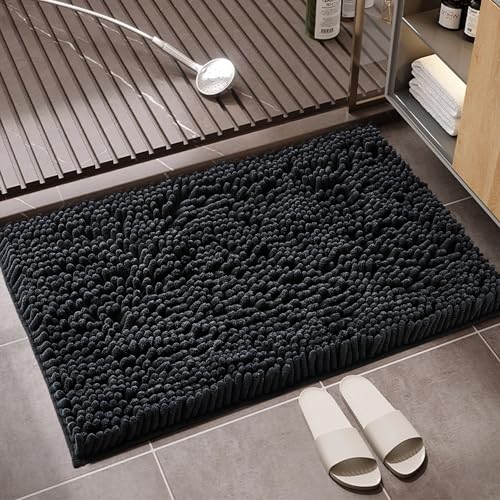GC GAVENO CAVAILIA Faux Fur Black Bath Mat 1Piece - Bathroom Mat Fluffy Rug Large Bath Mat Non Slip 50 x 80cm - Super Absorbent & Quick Dry Thick Shaggy Bathmat Extra Soft Pedestal Mats