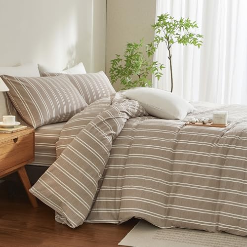 MWL Toy Duvet Cover Queen Size Brow White Striped Duvet Cover Set Washed Cotton Linen Feel Chic Bedding Set for All Seasons Breathable Durable Textured (Wide Striped QZBT)